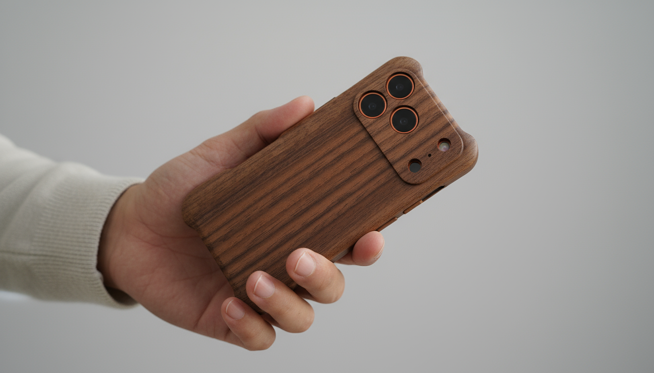 全實木手機殼特寫 - 產品為主角